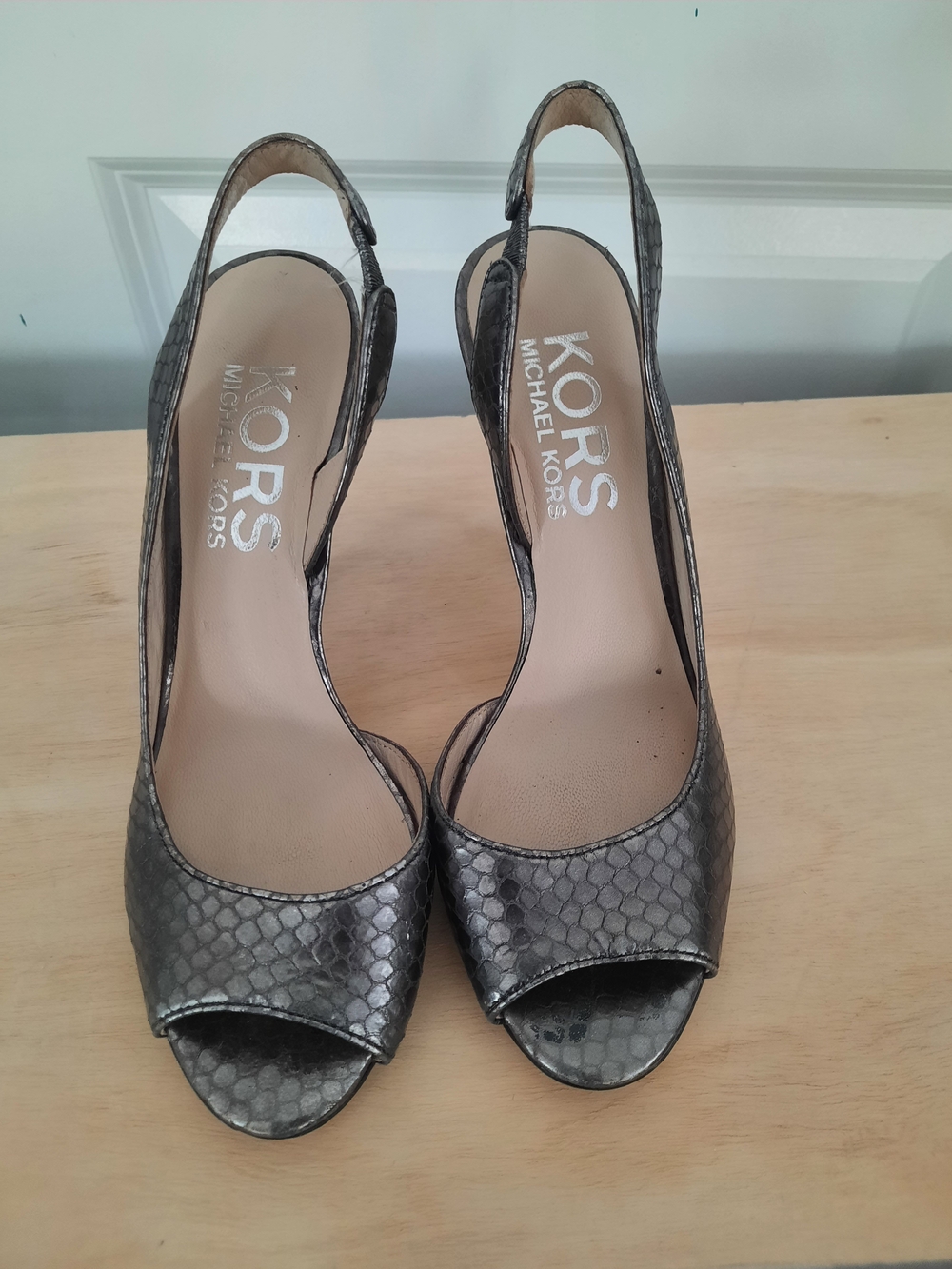 MICHAEL KORS Metallic Snake-Embossed Slingback Peep-Toe Heels - Silver